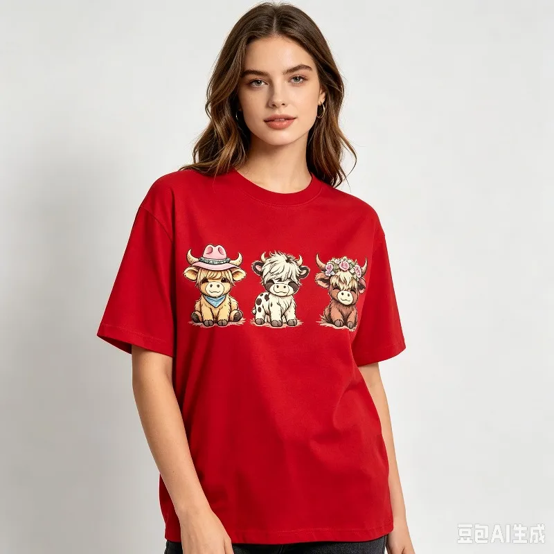 Highland Cows Print T-Shirt 100% Cotton Cute Animal Cartoon Graphic Tee Y2K Aesthetic Casual Farm Lover Tops for Women