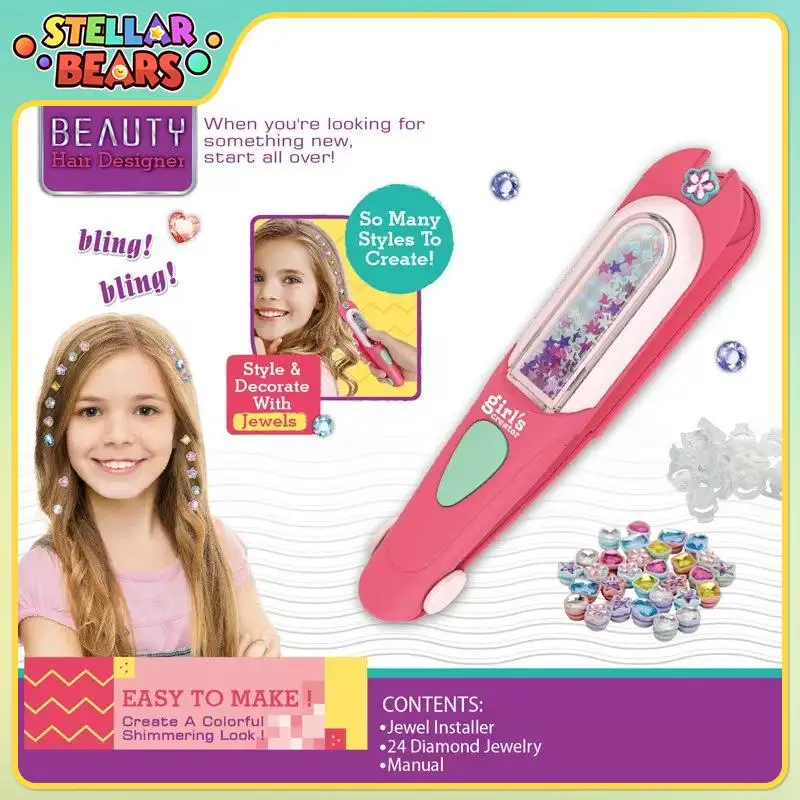 Kit de máquina de miçangas de pedras de cabelo com diamantes brilhantes reutilizáveis, fingir jogar, joias de cabelo para meninas, ferramentas de estilo de cabelo, brinquedos