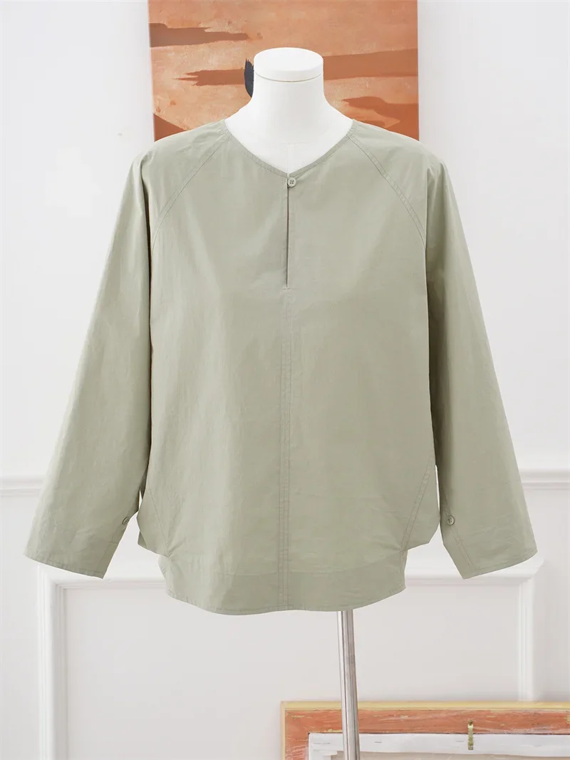 Women Design Loose Blouse Solid Color Half Placket Design Long Sleeve Female Khaki Grey O-neck Simple Shirt Autumn 2024