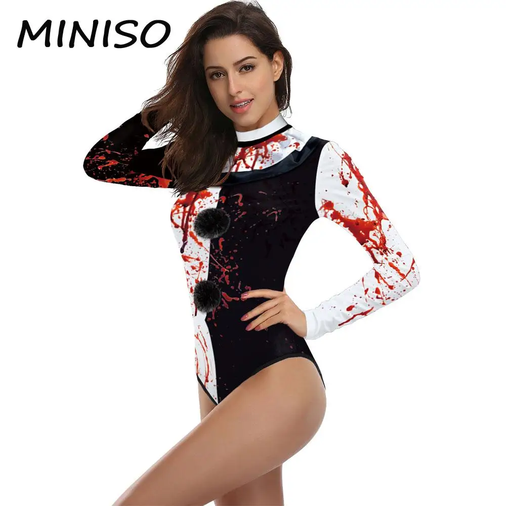 Cosplay Terrifying Clown Long Sleeved Costume 3D Printing Performance Halloween Swimsuit Swimwear Swimming Pool Party Swimsuit