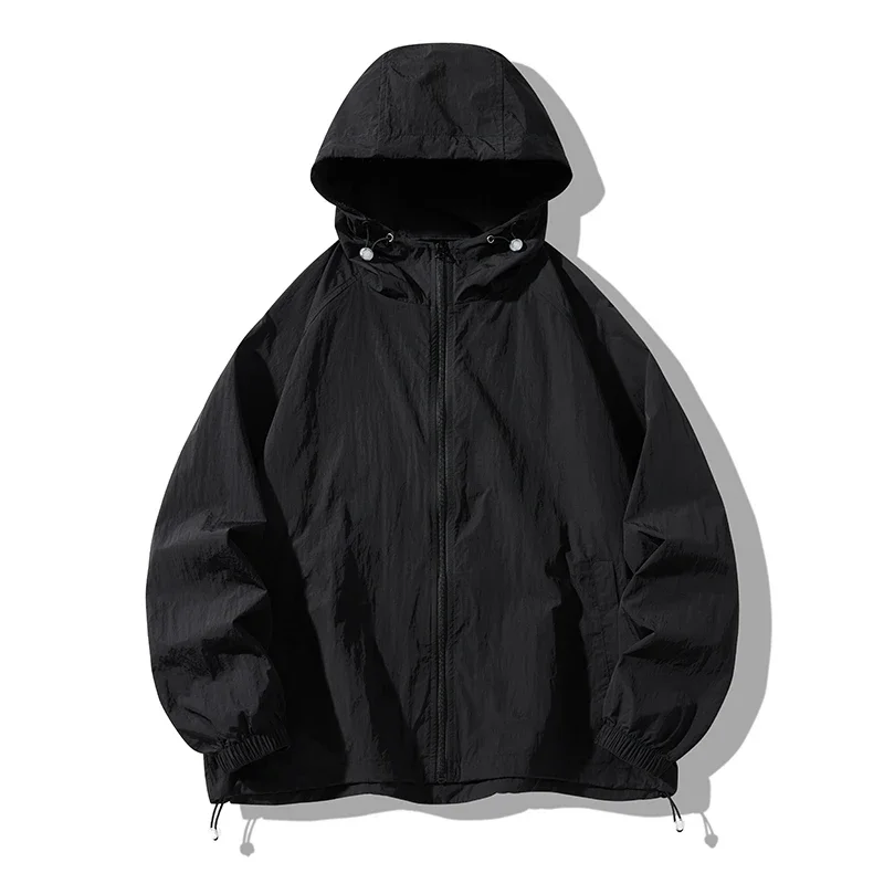 

Summer Hooded Thin Jacket Men Waterproof Sun Protection Clothing Full Zipper Quick Dry Skin Black Windbreaker Coat