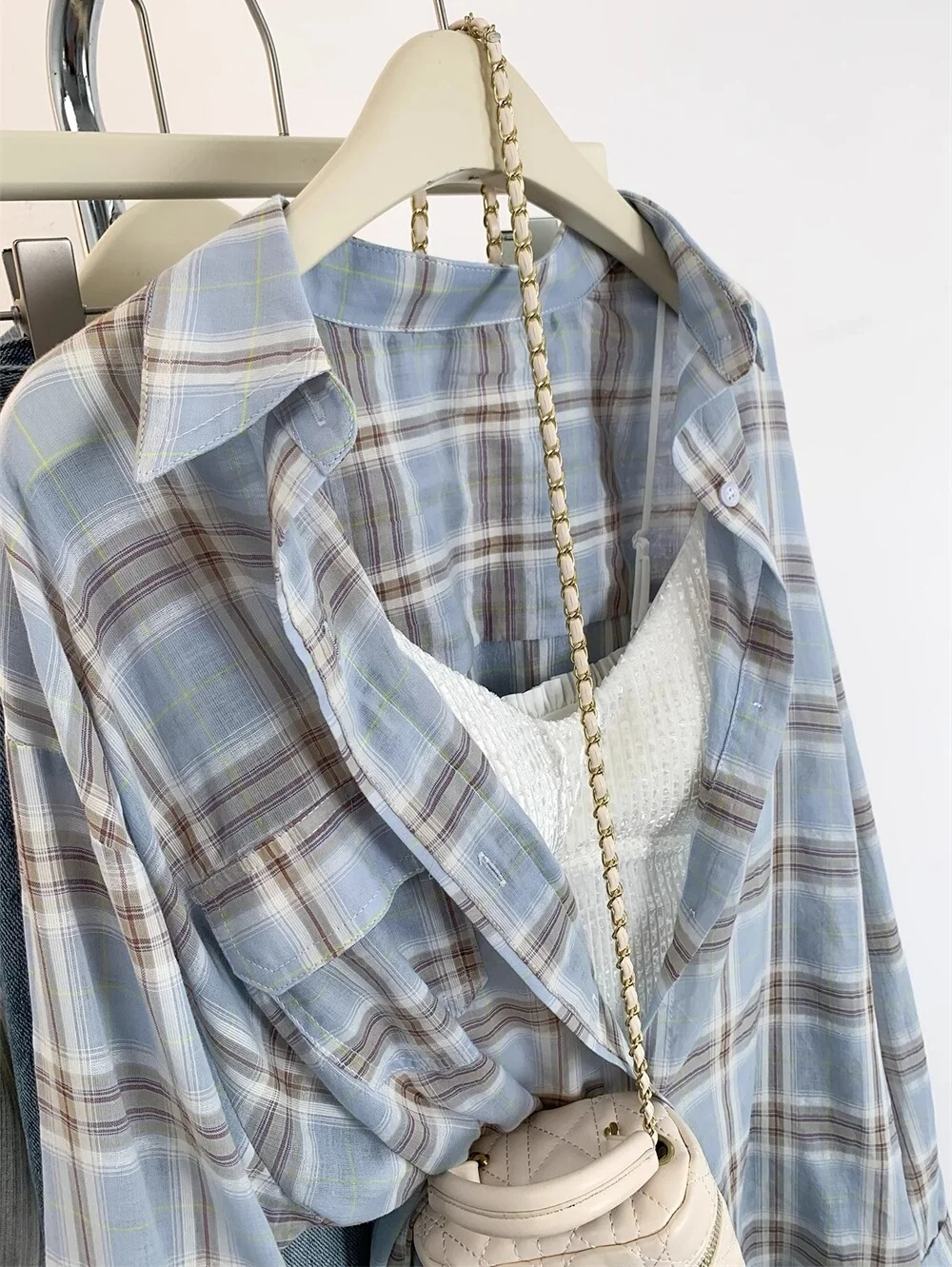 Light Blue Plaid Long Sve Sun Protection irt Casual Lazy Vintage Collar M Sle Loose irt Coat for Young Adults