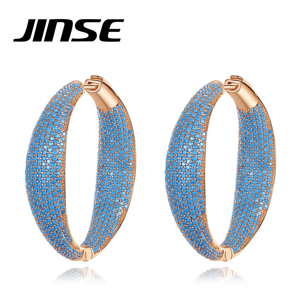 JINSE Large Circle Blue CZ Hoop Earrings for Women Rose Gold Color Fashion Round Shiny Cubic Zirconia Big Earring Party Gift