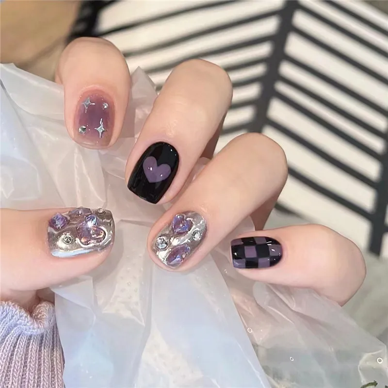 Sweet Cool Wind Black Purple Star Wearing Nail Enhancer Patch for Women Removable False Nail Patch