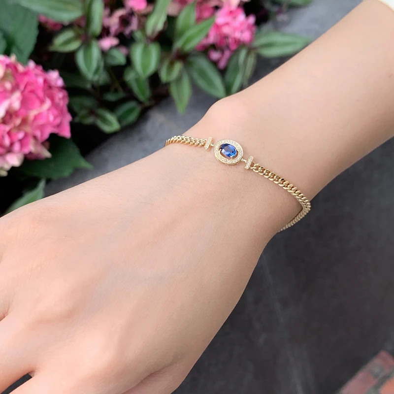 KUGG 100% 18K Yellow Gold Bracelet Vintage Style Shiny Diamond Natural Sapphire Gemstone Bracelet for Women Anniversary Gift