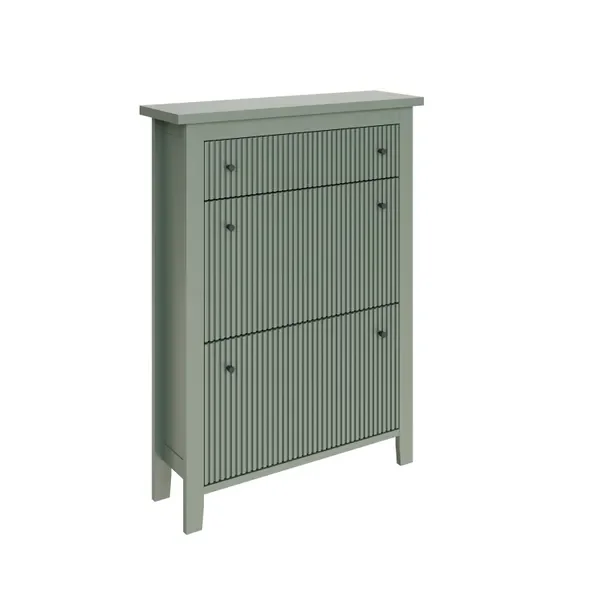 Desert Sage Shoe Cabinet with 2 Fluted Effect Flip Out Doors Shoe Rack Cabinet with Ribbed Front Drawer Shoe Storage Organizer