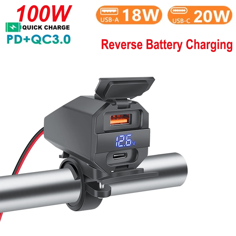 Motorcycle Charger PD+ QC3.0 Fast Charger 12V USB Socket Power Supply Adapter Handlebar Bidirectional Charging with Voltmeter