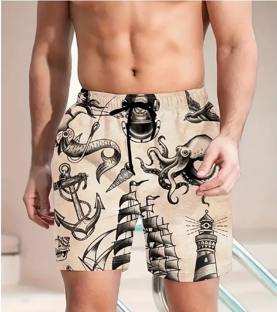 Summer Beach Holiday Surfing Cartoon Graphic Printing Men's Loose Beach Shorts Activewear Drawstring Quick Dry Casual Shorts 