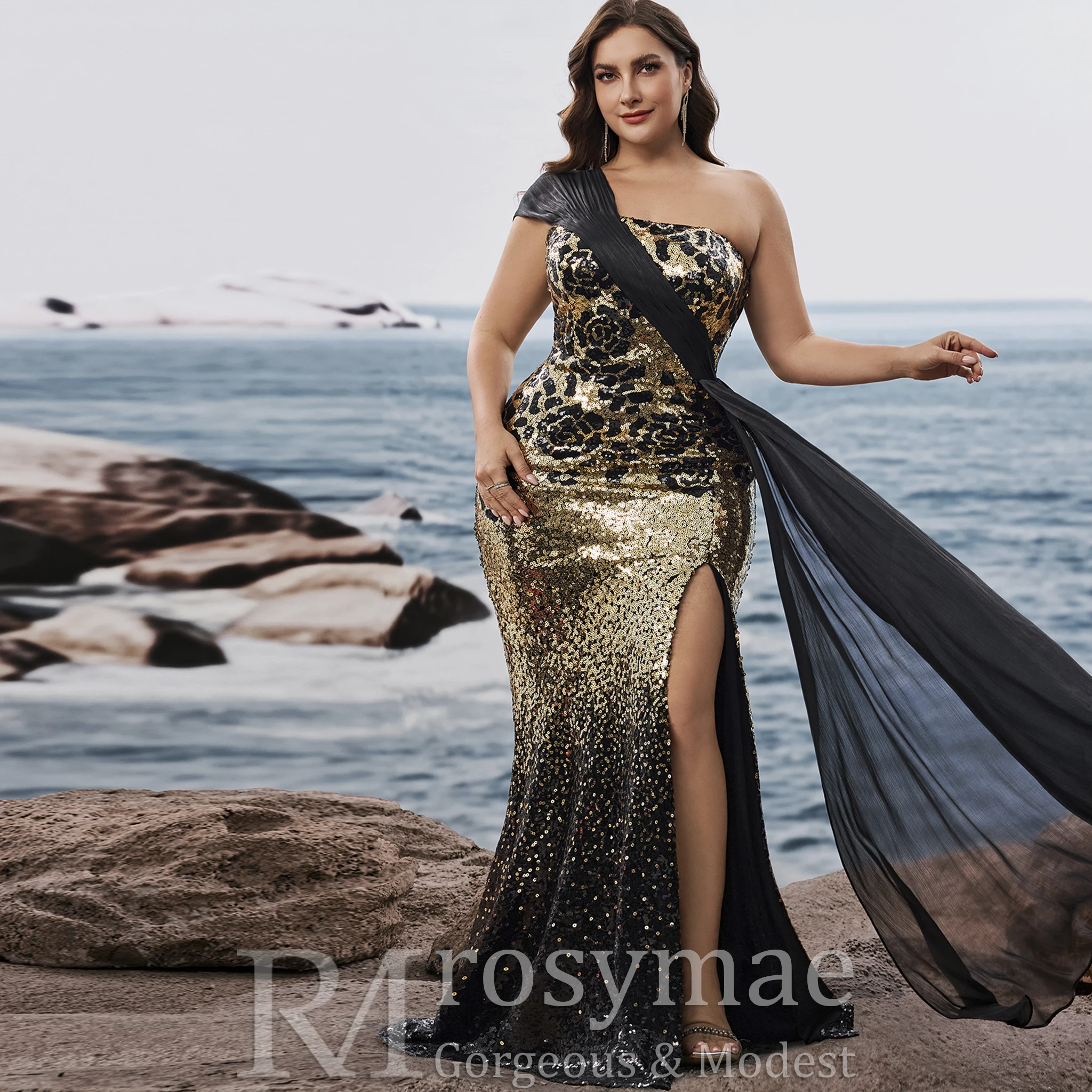 Rosymae Plus Size Elegante off-shoulder Mouwloze Avondjurken Luxe Slit Bruiloft Zeemeermin Lint Cocktailjurken