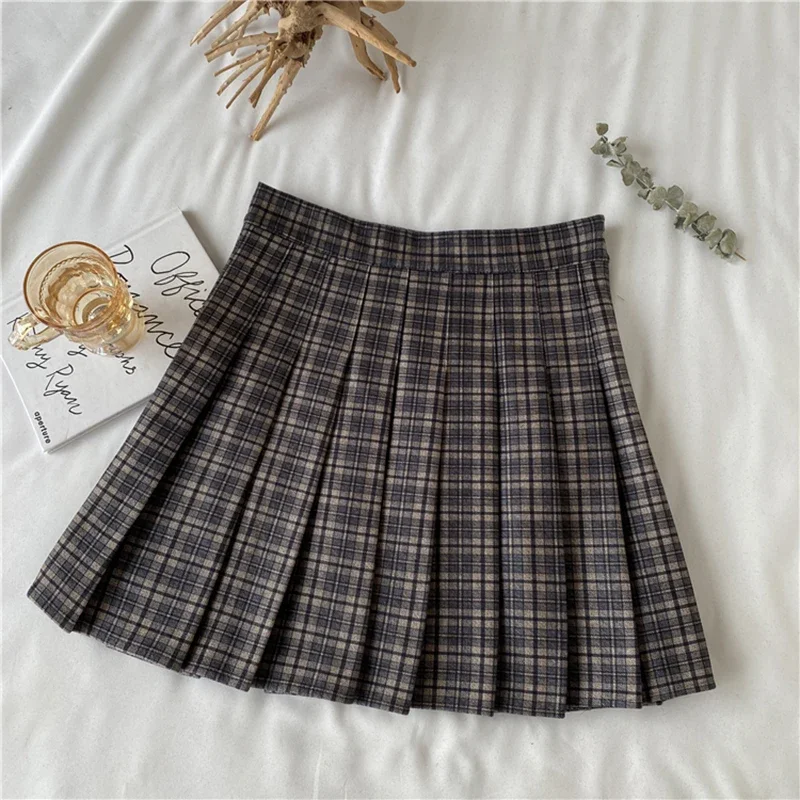 GIDYQ Plaid Pleated Skirt Women Japan Jk High Waist Thin A Line Short Skirt Female Sweet Preppy Style Woolen Mini Short Skirt