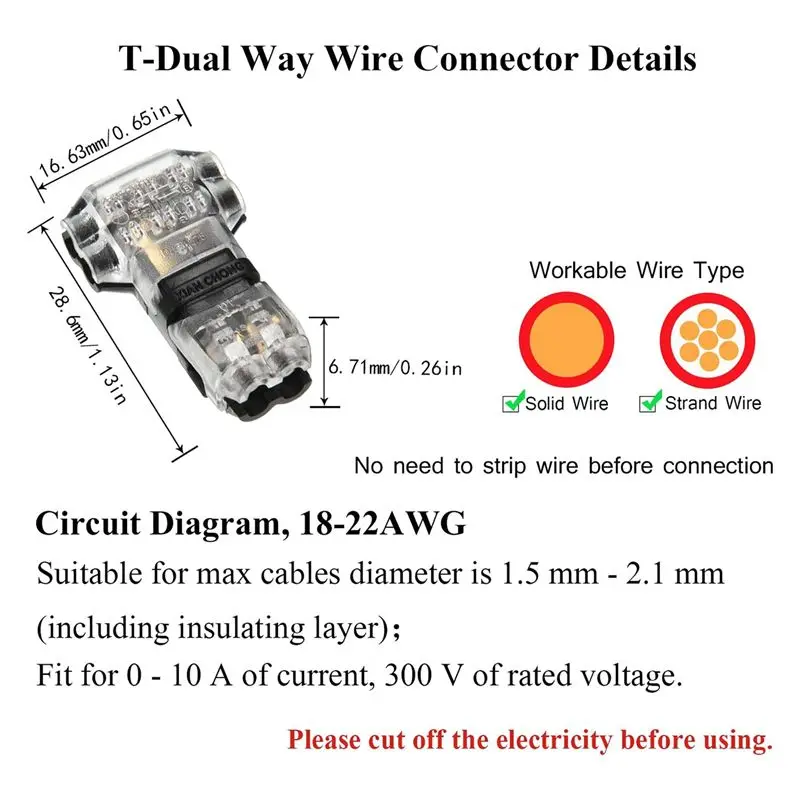 DT17 30 Pcs 3 Way 2 Pin T-Tap Wire Connectors Low Voltage No Stripping for 18-22 AWG Cable