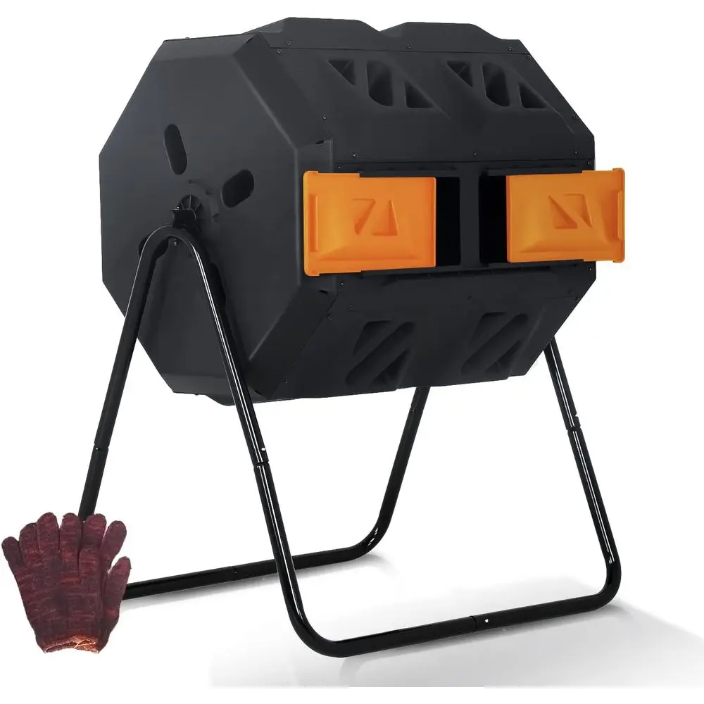 Dual Chamber Rotating Outdoor Compost Bin, 43 Gallon, BPA-Free, All-Season Yard Composter in Orange