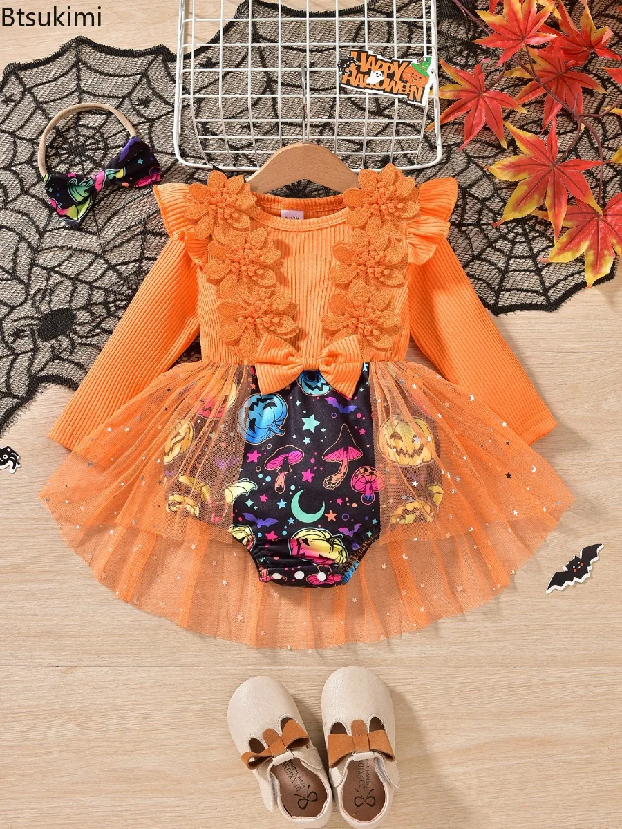 Summer Toddler Baby Girls' Halloween Romper Dress Long Sleeve Round Neck Tulle Patchwork Jumpsuit with Headband Newborn Clothes