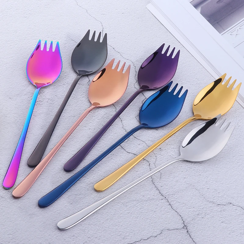 Creative 2 in 1 Salad Forks Spoon 304 Stainless Steel Three Tooth Multifunction Dessert Snack Fruit Forks Kitchen Tableware