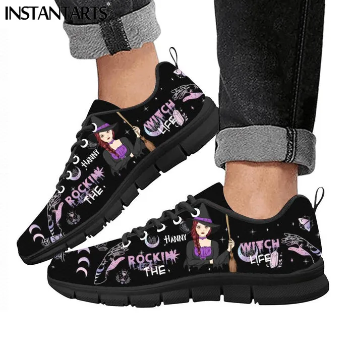 INSTANTARTS Magic Witch Bless Printed Women Lace Up Flat Shoes Autumn Winter Mesh Breathable Sneaker Shoes for Girls Light Flats