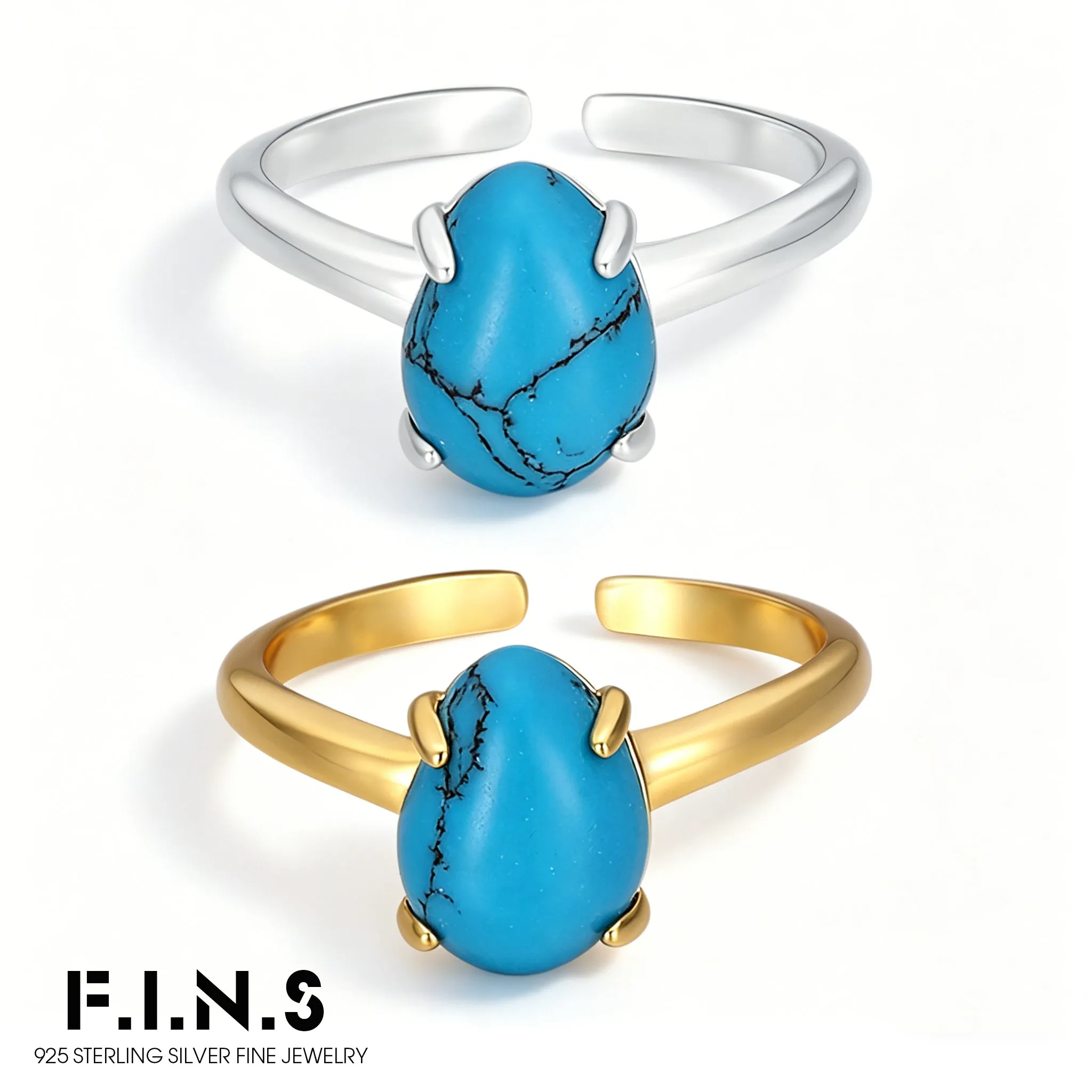

F.I.N.S Original sWater Drop S925 Sterling Silver Turquoise Rings Gypsy Stone Inlaid Boho Open Adjustable Finger Jewel for Women
