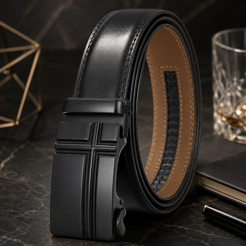 Automatic Buckle Belt Black Leather Ratchet Belt Business Casual Waist Strap Adjustable Dress Belts for Men Dropshipping B1228