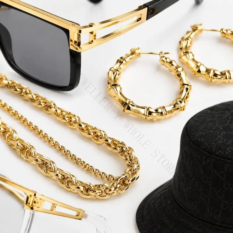 R7UF Multi-Piece Hip-Hop Styling Set with Electroplated Alloy Jewelry, Bamboo-Style Hoops, Hat, Glasses, and Bracelet