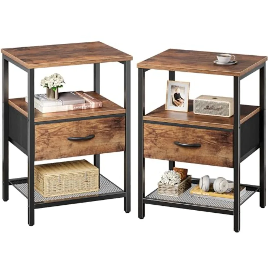 

Nightstand Set of 2, Night Stand with Fabric Drawer, Mesh Shelf, Side Table with Storage, Fabric Drawer Drer, Open Shelf, Metal