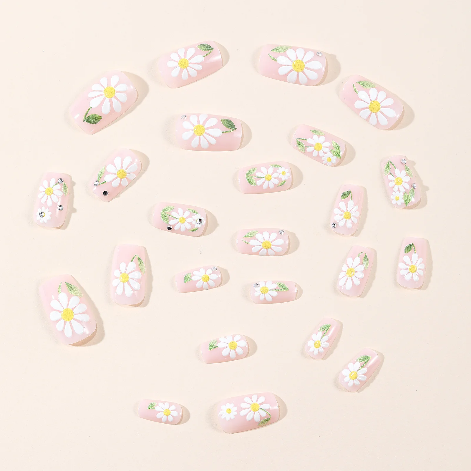 Short Medium fake nails for women girl Spring summer flowers with green leaf golden crystal rhinestones full cover press on nail view 6