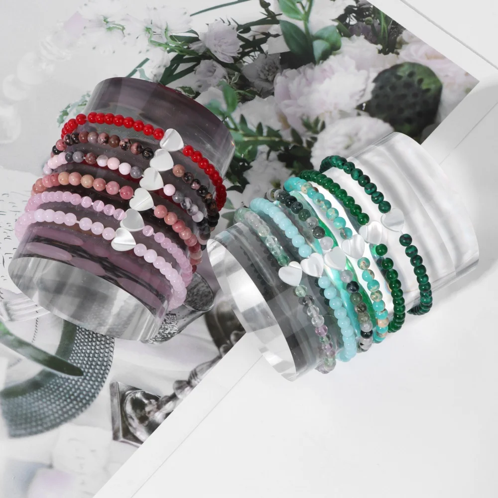 Shell Heart Bracelet 4mm Natural Stone Purple Lilac Amethysts Moss Agates Pink Zebra Beads Elastic Bracelets For Women Jewelry