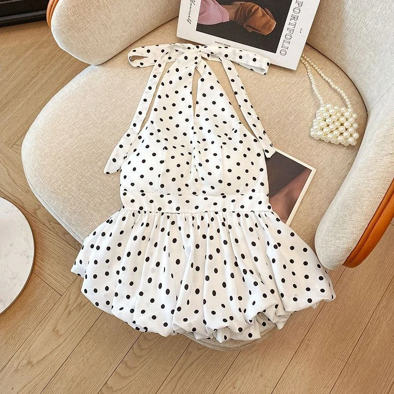 Sleeveless Backless Polka Dot Print Bandage Sexy Pullovers Top Summer New Pleated Fashion T Shirts Trend Elegant Women Clothing