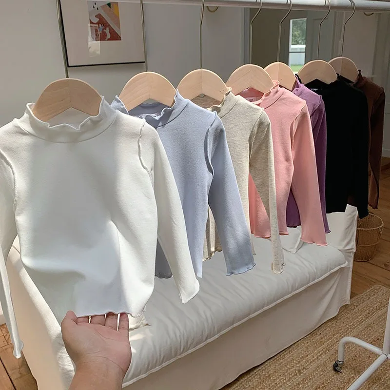 Mädchen-T-Shirt aus Baumwolle mit Stehkragen, Rüschenärmeln, einfarbig, weiß, passend zu allen Kleidungsstilen, niedlich, weich, lässig, für den Alltag, langärmlig