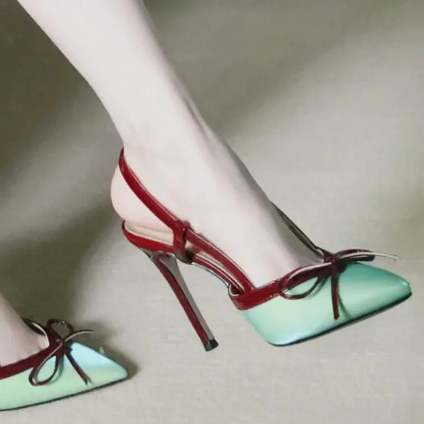 

2025 New Summer New Sexy Green Decorative Bow Stiletto Heels with Slingback Sandals for Women Plus Size