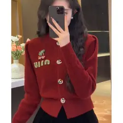 New Red Cherry Letter Embroidery Sweater Coat Spring Autumn O-neck Tops Women Y2k Long Sleeve Knitted Cardigan Korean Fashion