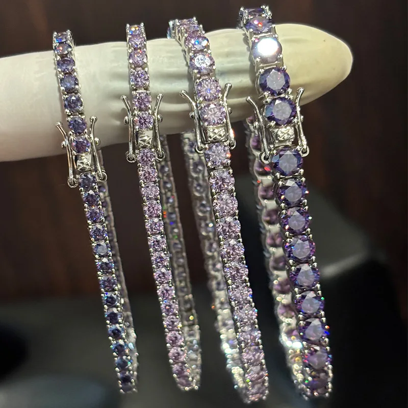 3-4mm Purple Moissanite Tennis Chain Bracelet 925 Sterling Silver Hiphop Diamond Link Bracelets Pass Tester Gift for Girls Men