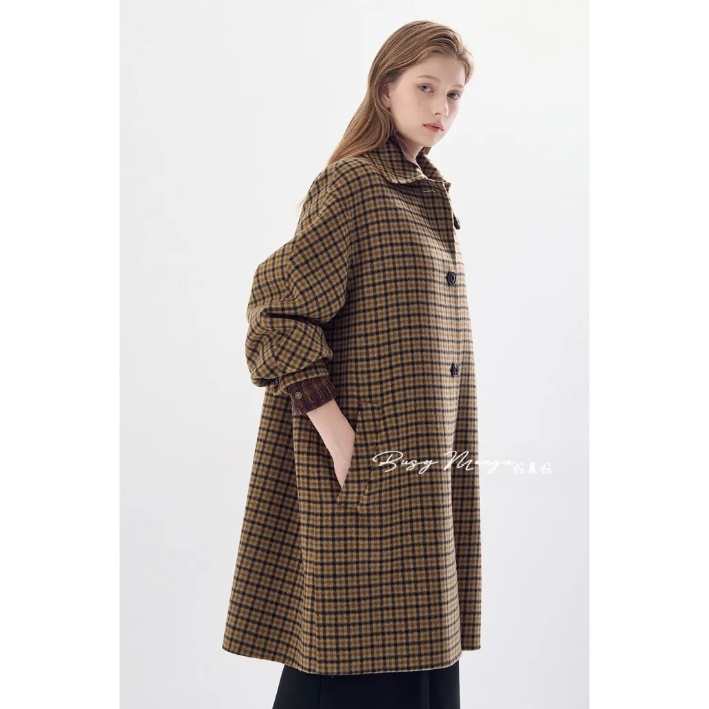 Reduced Price Woolen Retro Plaid Coat Stand Collar Slimming Double-Sided Hand-Stitched Woolen Coat Outerwear Korean Style Com...