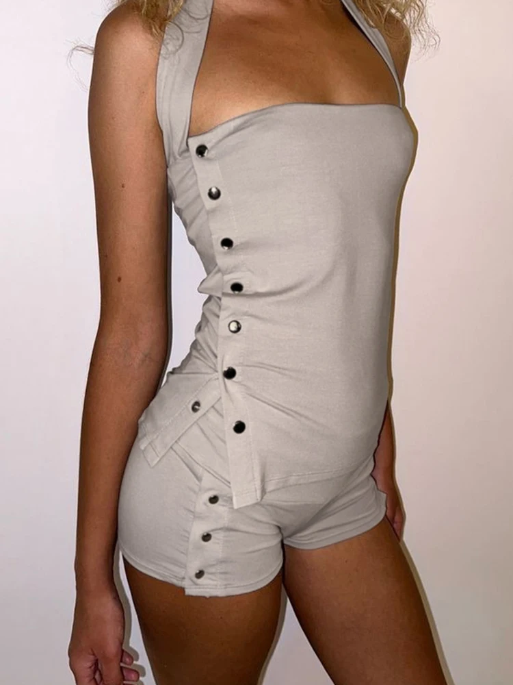 

Sisterlinda Buckle Decoration 2-Piece Set Women Halter Low-Neck Vest+Elastic Waist Mini Short Sexy Hottie Street Fashion Suit