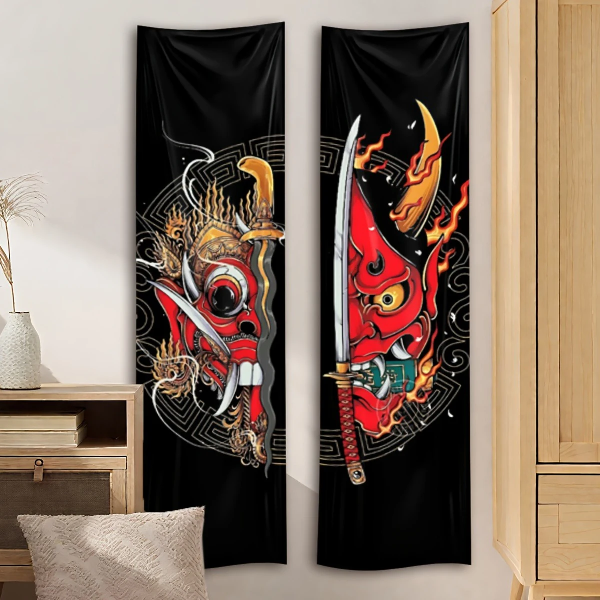 Tapestry Wall Hanging Tapestry Anime Japanese Oni Demon Samurai Sword Red Black Vertical Art Living Room Bedroom Home Decor