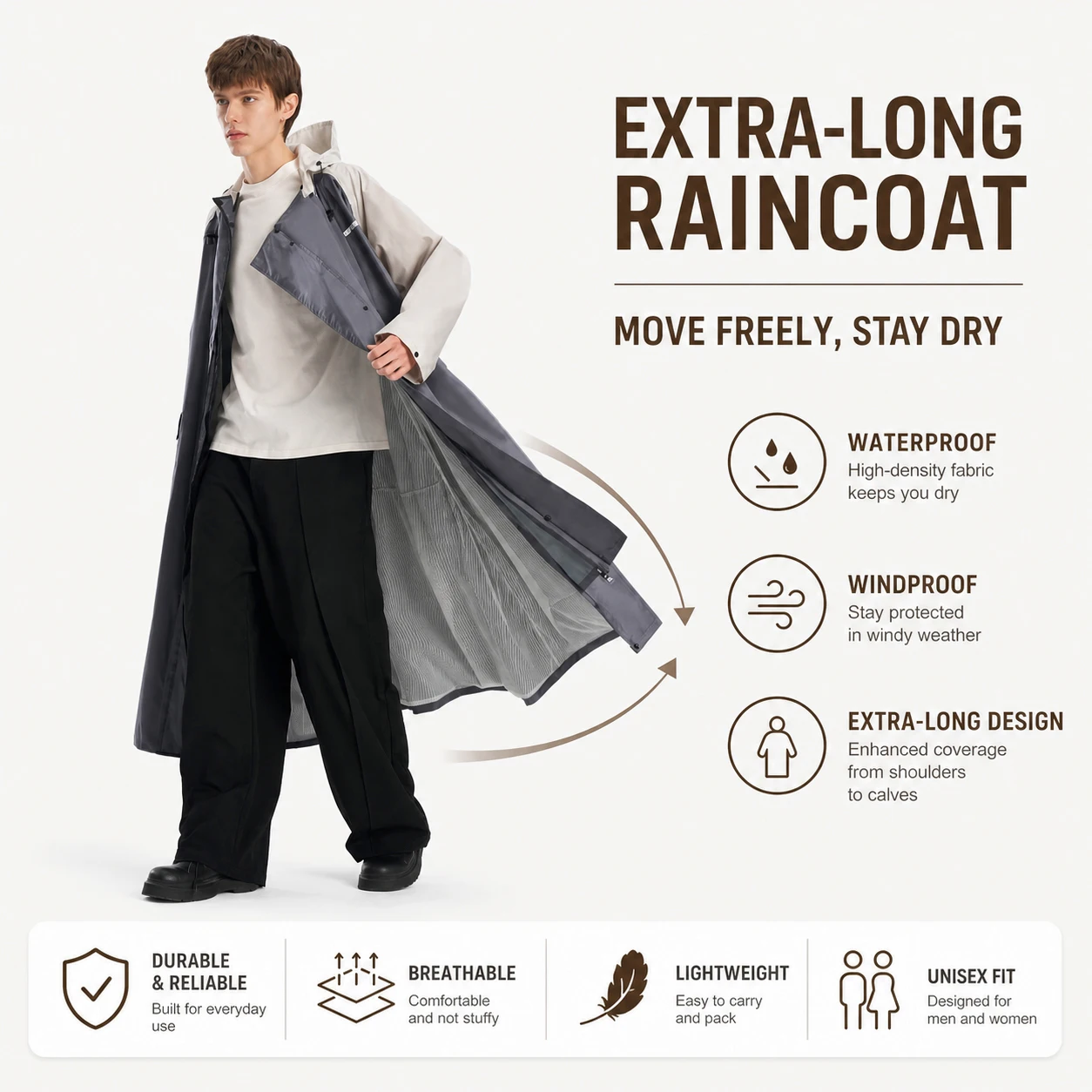 Packable long waterproof rain jacket, hooded, knee-length, Velcro cuffs, 2 pockets, perfect for outdoor work & heavy-rain hiking