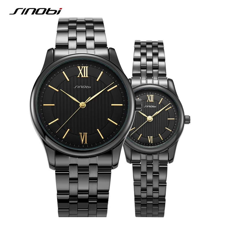 SINOBI Fashion Golden Women Quartz Watches Stainless Steel Strap Watch Female Waterproof Couple Wristwatch Men Lady Clock