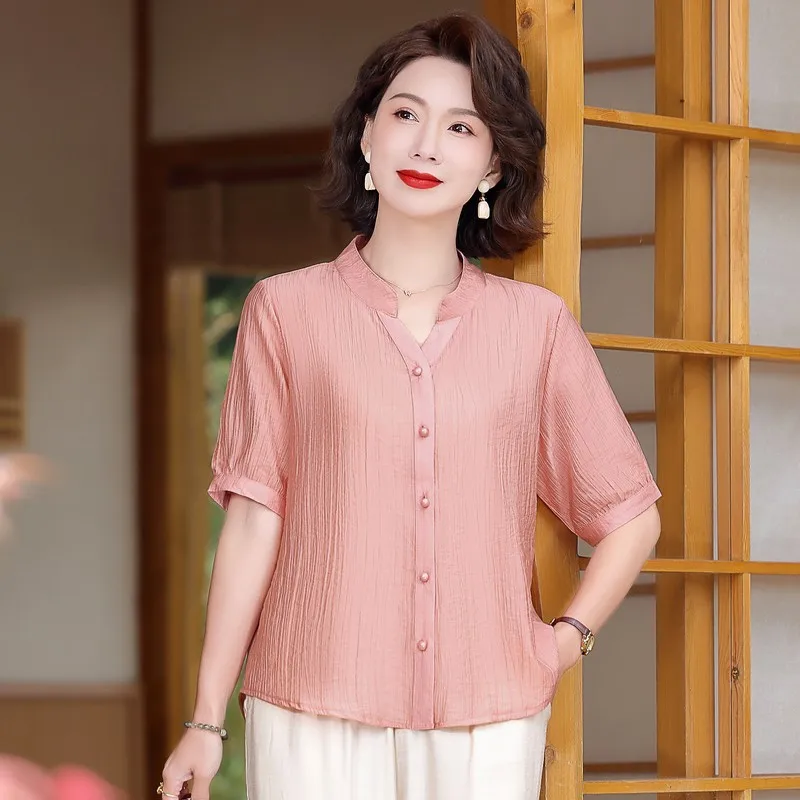 

Minimalist buttons Solid Color Chiffon Shirt Women's New Summer V Neck Bottoming Top Short Sleeve Versatile Pullovers Blouse