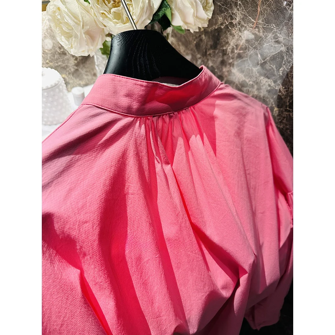 

Stunning Rose Pink Stand Collar Batwing Shirt Street Style Loose Fit Cotton Long Sleeve Women's Casual Shirt Spring 2026