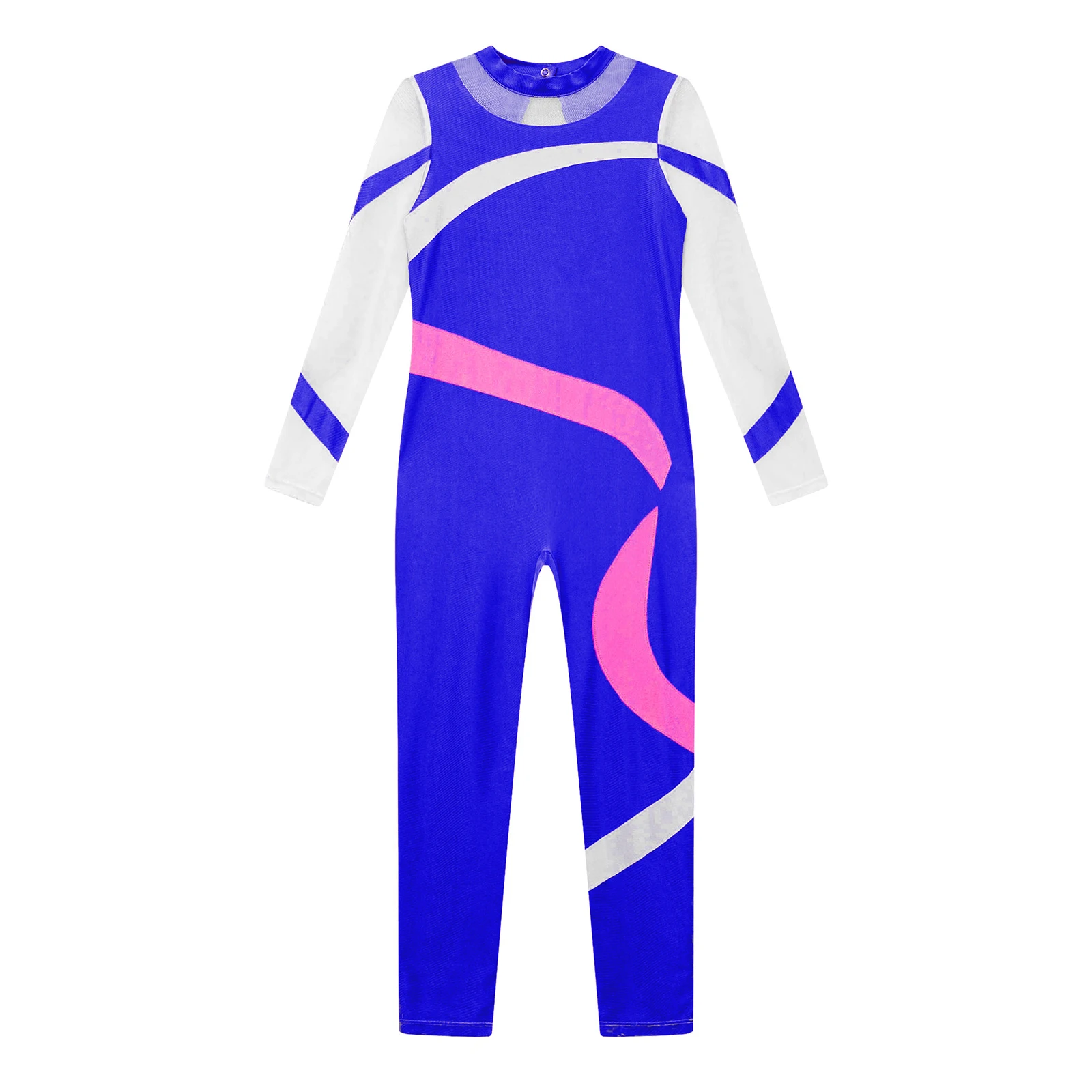 Kids Girls Figure Skating Dance Jumpsuit Long Sleeve Contrast Color Bodysuit Acrobatics Rhythmic Gymnastics Performance Costume