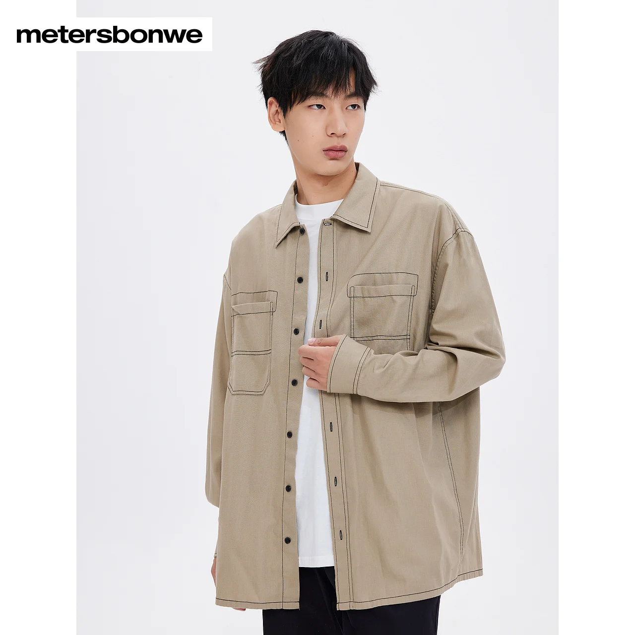 

Metersbonwe-Men's Long Sleeves Shirt Color Clash Lines Loose Plus Size Business Commute Casual Spring Autumn