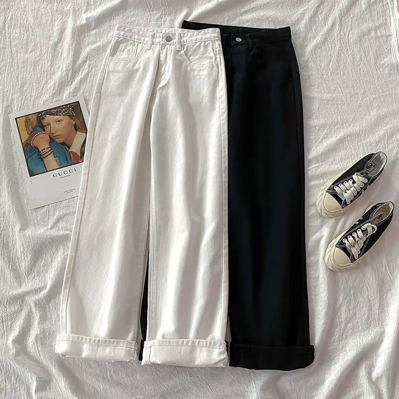 

Solid Color Straight Jeans for Women Korean Style White Loose Cropped Pants Spring 2026 New Casual Wide Leg Denim Pants