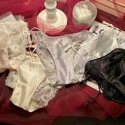 SP&CITY French Elegant Lace Up Sexy Women's Underwear Low Waist Soft Transparent Satin Panties Cotton Crotch Breathable Briefs