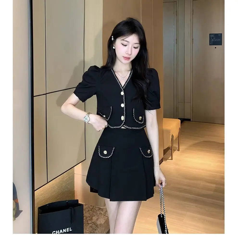 Korean Fashion Short Sleeve Coat Blazer Suit 2 Piece Outfit Women Short Crop Tops Jacket High Waist Mini Skirt Sets Office Lady