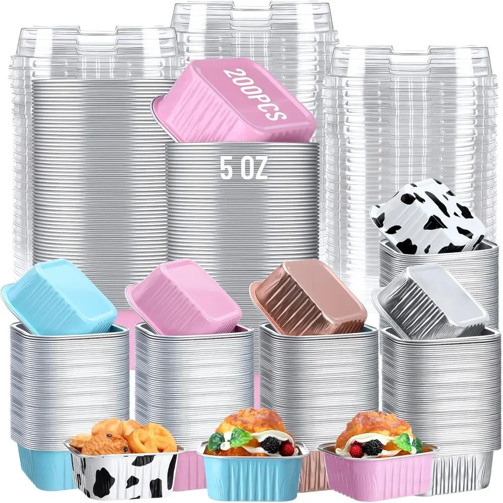 

200-Piece 5 oz Square Aluminum Foil Mini Cake Pans with Lids, Disposable for Baking, Ideal for Events & Parties