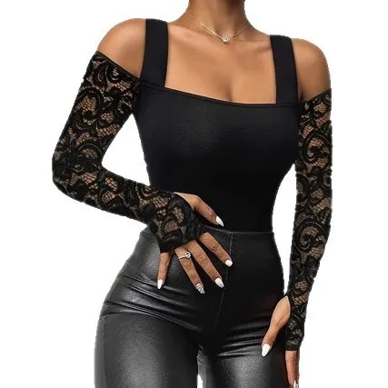 Off Shoulder Regular Sleeve Top Fitted Elegant Cross Border Style with Long Sleeves Spring Fitted Silhouette Bodysuit Women