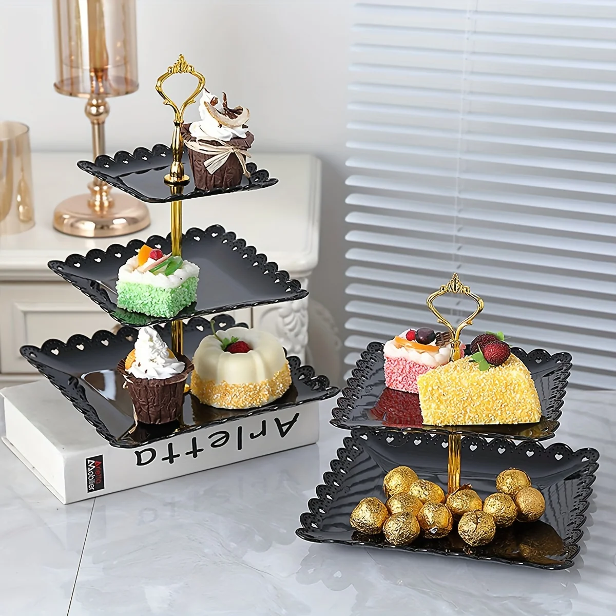 6pcs Cake Stand Set White Black Crystal Dessert Display Pedestal Cupcake Standard Wedding Party Cake Stand Square Cand