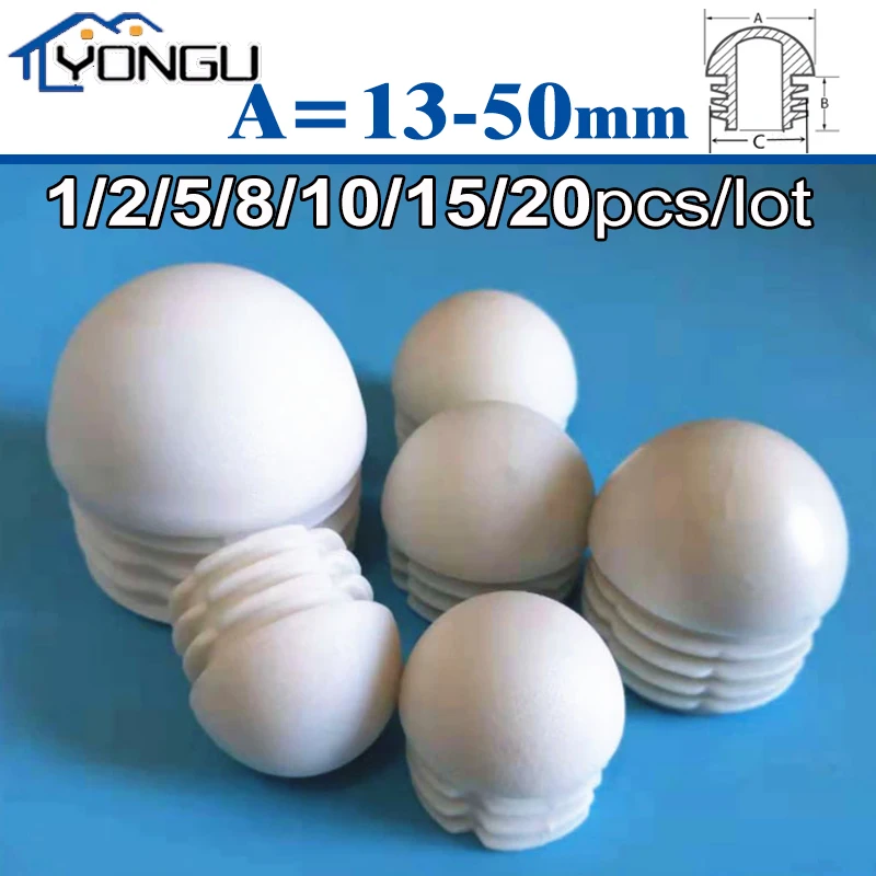 White Domed Round Plastic Blanking End Caps Chair Feet Steel Tube Pipe Cover Inserts Plug 13 16 20 28 30 35 38 40 42 45 48 50mm