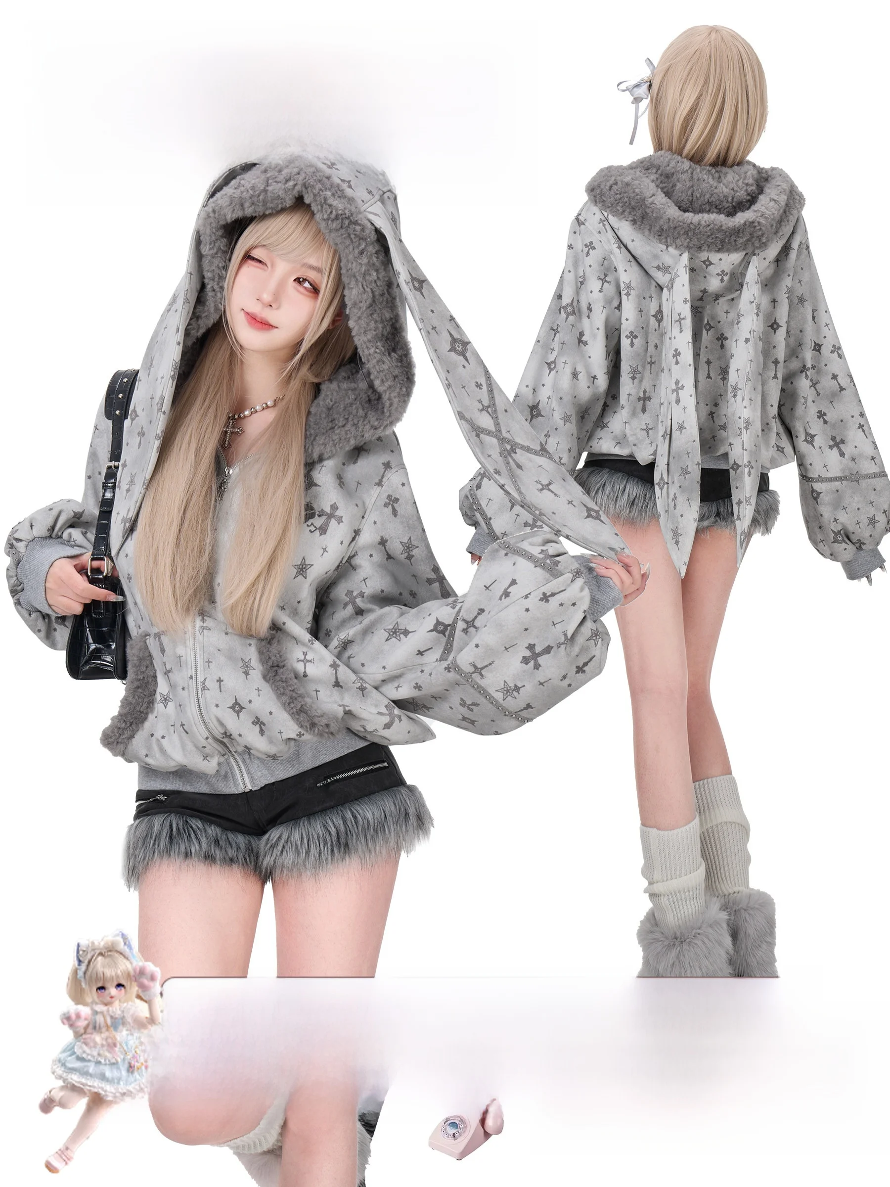 

Adorable nut Girl Light Asian Sle Star Fog ey Floing ey Print Jaet Women's Stand Fit Long Sve Zipper Clos...