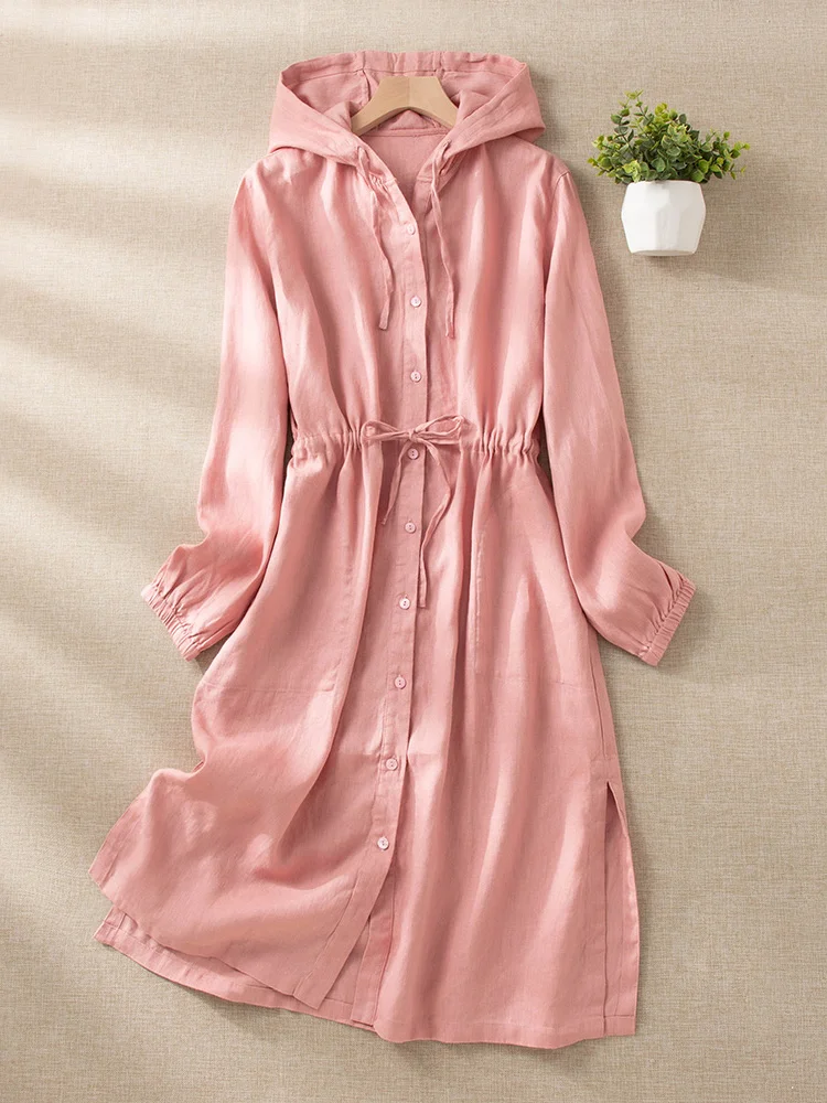 

Japanese Sle Hooded Cotton Linen Jaet Women's Simple Color Midi Long Sve Sun Protection Open Cardigan