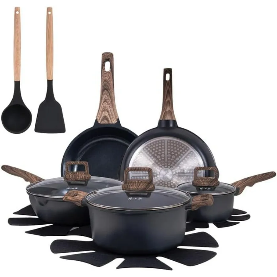 

Pots and Pans Set with Lids, 14 PCS Cast Aluminium Non Stick Non-toxic Ceramic Coating Cookware Set, Frying pans with Lids, Blac