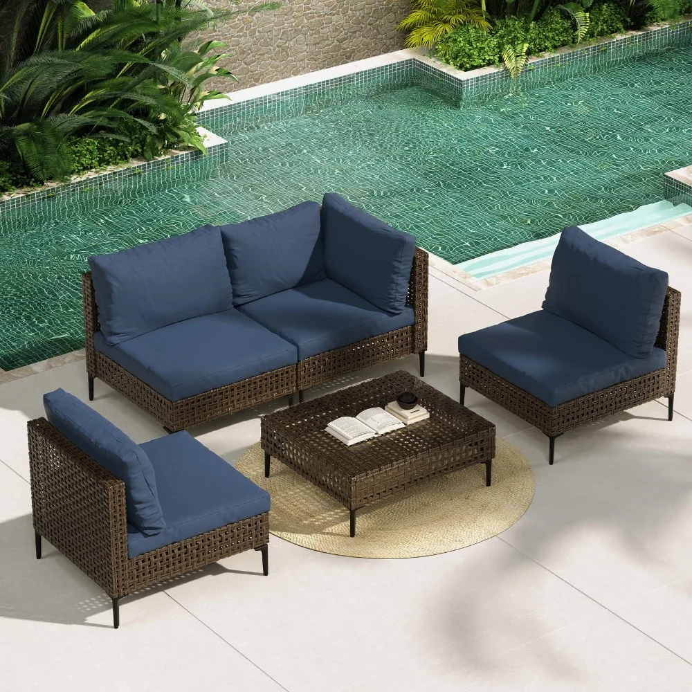 5-Piece Wicker Patio Furniture Set, Retro Outdoor Sectional Sofa with Water Resistant Blue Thick Cushions and Coffee Table